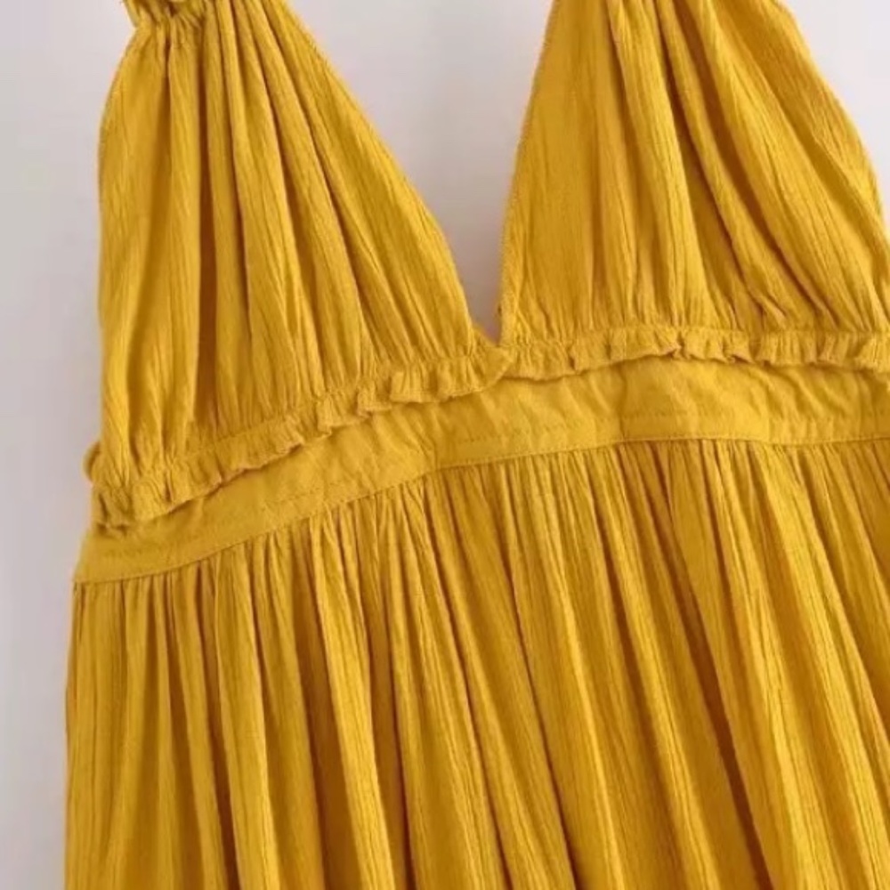 Mustard Swiss Dot Ruffle Halter Dress - Picture 4 of 6